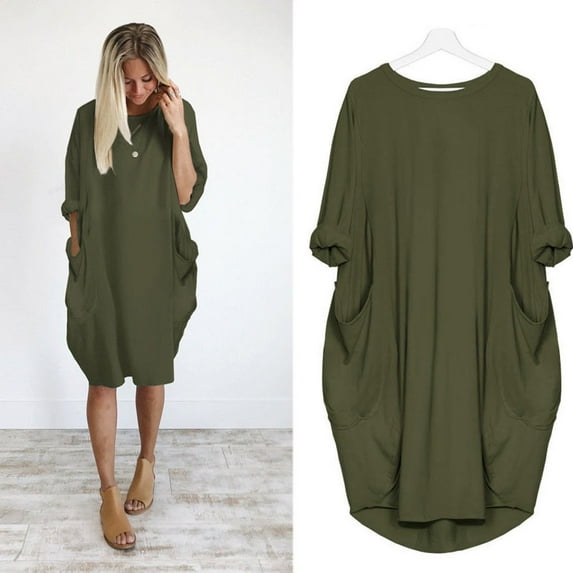 IDALL Plus Size Dresses,Long Sleeve Dress Womens Pocket Loose Dress Ladies Crew Neck Casual Long Tops Dress Plus Size Elegant Dresses,Womens Dresses,Casual Dresses for Women Army Green Dress 2XL