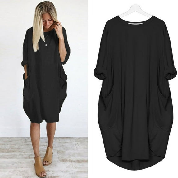 IDALL Plus Size Dresses,Long Sleeve Dress Womens Pocket Loose Dress Ladies Crew Neck Casual Long Tops Dress Plus Size Elegant Dresses,Womens Dresses,Casual Dresses for Women Black Dress 2XL