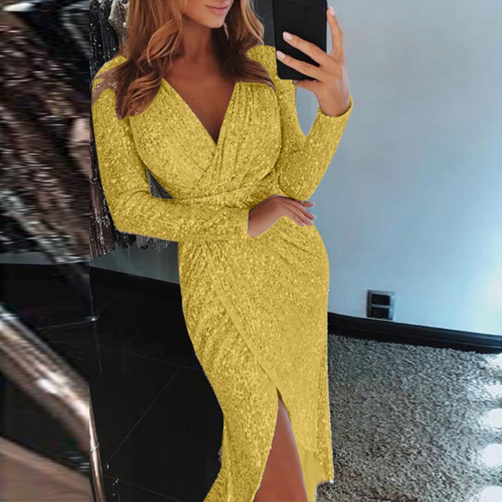 Women Long Prom Dress Deep V Neck Gold Sequin Evening Sexy Party Maxi Dress