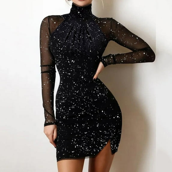 IDALL Prom Dresses,Formal Dresses Women's Fashion Glitter Split Hems Contrast Mesh DressTurtleneck Long Sleeve Party Dress Graduation Dress,Long Sleeve Dress,Bodycon Dresses Black Dress L