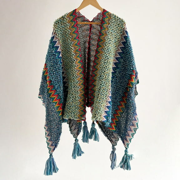 IDALL Shawl Wraps for Women Scarf for Women Women's Autumn And Winter New Thickened Knitted Tassel Retro Split Scarf Shawl Pashmina Wraps Ponchos for Women Dark Blue One Size