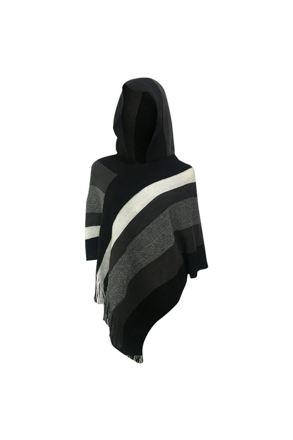 Shawl Wraps for Women,Ponchos Women's Hooded Thermal Cloak Sleeveless Shawl With High Neck Stripes And Bright Silk Fringe Women's Scarves & Wraps Grey
