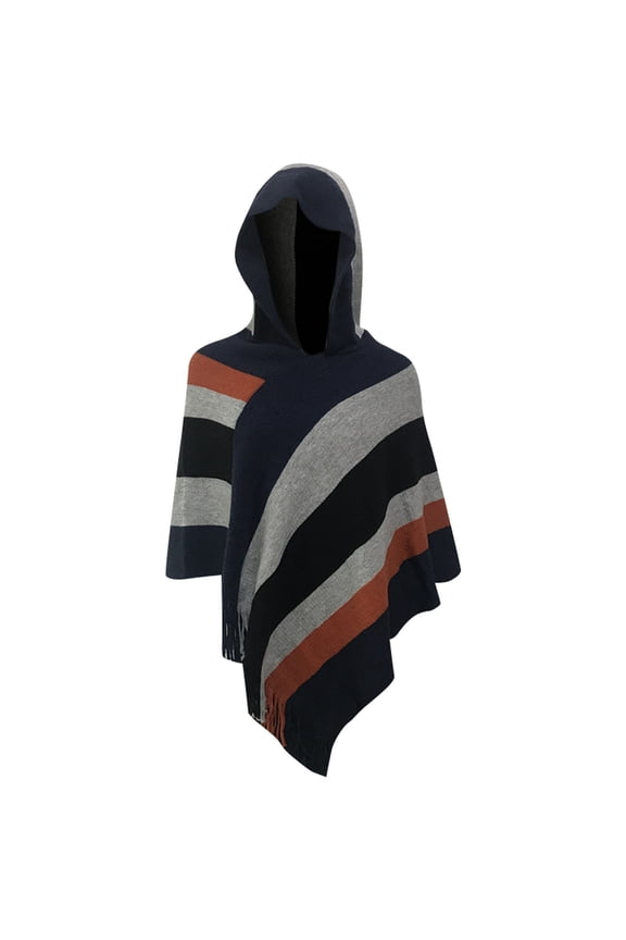 Shawl Wraps for Women,Ponchos Women's Hooded Thermal Cloak Sleeveless Shawl With High Neck Stripes And Bright Silk Fringe Women's Scarves & Wraps Navy