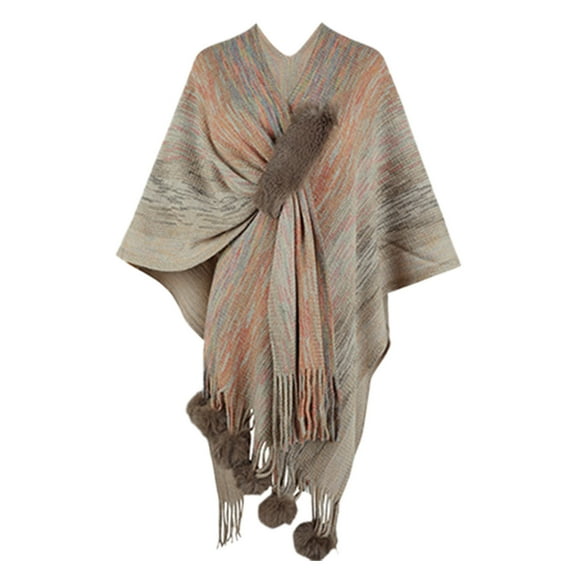 IDALL Shawl Wraps for Women Scarf for Women Ladies Contrast Color Ball Fringe Knit Shawl Jacket Women Cape Cardigan Pashmina Wraps Ponchos for Women Khaki One Size