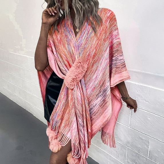IDALL Shawl Wraps for Women Scarf for Women Ladies Contrast Color Ball Fringe Knit Shawl Jacket Women Cape Cardigan Pashmina Wraps Ponchos for Women Pink One Size