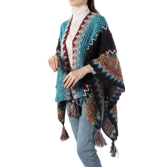 IDALL Shawl Wraps for Women Scarf for Women Women Nationl Print Colourful Splice Poncho With Tassels Knitted Shawl Scarf Fringed Wraps Pashmina Wraps Ponchos for Women Sky Blue A