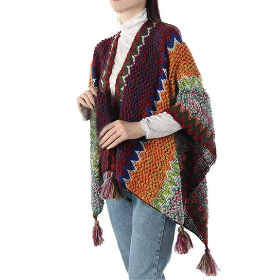 IDALL Shawl Wraps for Women Scarf for Women Women Nationl Print Colourful Splice Poncho With Tassels Knitted Shawl Scarf Fringed Wraps Pashmina Wraps Ponchos for Women Orange A