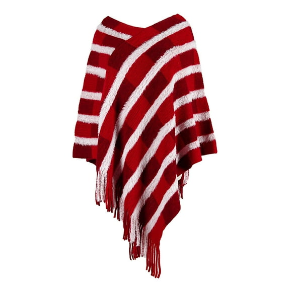IDALL Shawl Wraps for Women Scarf for Women Women's Autumn Winter Color Checkered Fringe Warm Knitted Cape Pashmina Wraps Ponchos for Women Red One Size