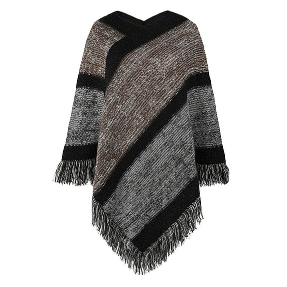 IDALL Shawl Wraps for Women Scarf for Women Women's Contrasting Color Striped Knitted Cape With Tassel Shawl Pashmina Wraps Ponchos for Women Dark Gray One Size