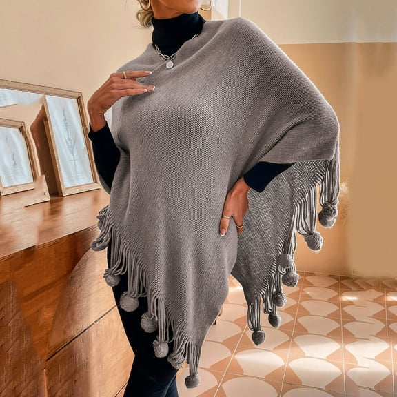 IDALL Shawl Wraps for Women,Ponchos Womens Solid Color Frayed Pullover Fringed Shawl Sweater Cape Fashion Coat Women's Scarves & Wraps Grey S