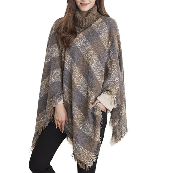 IDALL Shawl Wraps for Women Scarf for Women Women's Cape High Collar Plaid Warm Loose Fringe Cape Shawl Pashmina Wraps Ponchos for Women Khaki L