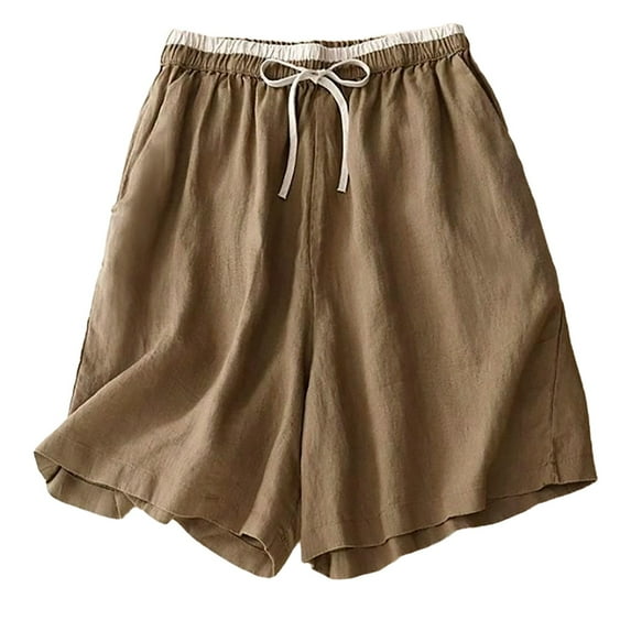 IDALL Shorts for Women Linen Shorts Athletic Shorts Cotton Shorts Spliced elastic Waist Tie Wide Leg Pants Loose 2025 Summer New Casual Five Point Pants Womens Shorts Casual Khaki XL