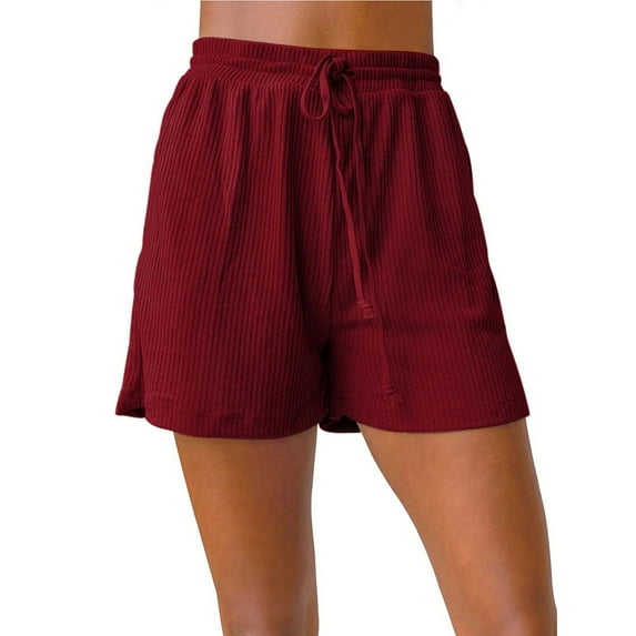 IDALL Shorts for Women Running Shorts Women Summer Ribbed Knit Elastic Drawstring Waist Casual Beach Shorts Pockets Yoga Shorts Womens Shorts Casual Wine XL