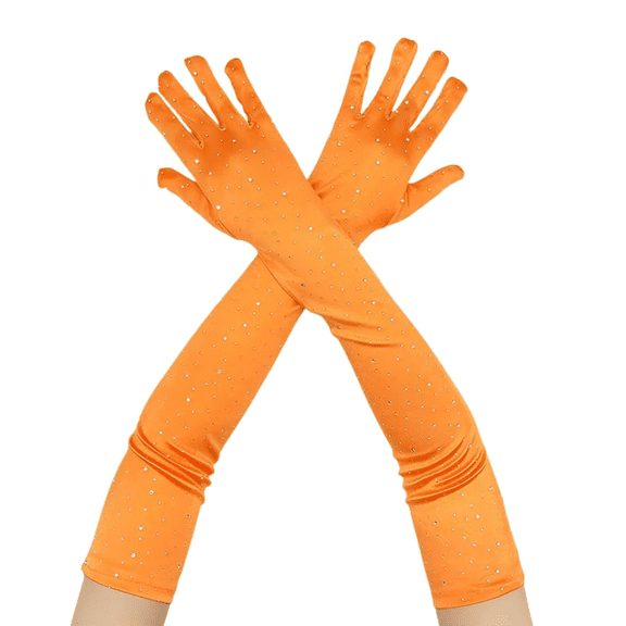 IDALL Sparkly Rhinestone Long Gloves Fingerless Mesh Elbow Length Arm Sleeves Prom Costume Gloves for Women Orange One Size
