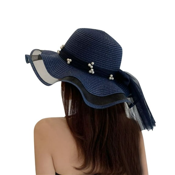 IDALL Straw Hat Visor Hats for Women Summer Hats For Women Mesh Wave Pearl Ribbon Hat Little Girl Sun Cap Ladies Hats Beach Hat Hats for Women Navy M