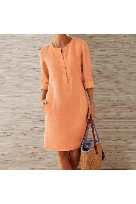 Summer Dresses,Boho Dresses Women's Casual Round Neck With Buttons Boho Dress Knee-Length Dress Loose Women's Dress Petite Dresses,Linen Dress,Modest Dresses Orange Dress XL