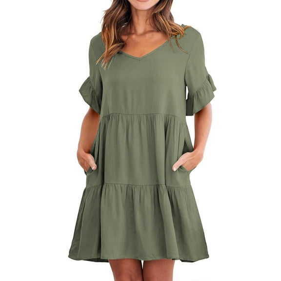 IDALL Summer Dresses,Casual Dresses Ladies Summer Casual V Neck Layered Ruffle Hem Pocket A Line Mini Swing Beach Short Sleeve Dress Petite Dresses,Modest Dresses,Womens Dresses Army Green Dress L