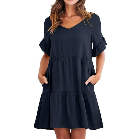 IDALL Summer Dresses,Casual Dresses Ladies Summer Casual V Neck Layered Ruffle Hem Pocket A Line Mini Swing Beach Short Sleeve Dress Petite Dresses,Modest Dresses,Womens Dresses Dark Blue Dress S