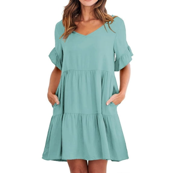 IDALL Summer Dresses,Casual Dresses Ladies Summer Casual V Neck Layered Ruffle Hem Pocket A Line Mini Swing Beach Short Sleeve Dress Petite Dresses,Modest Dresses,Womens Dresses Mint Green Dress XL