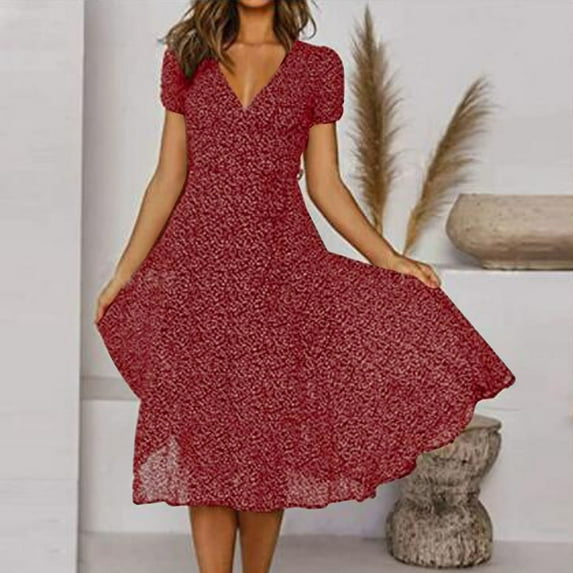 IDALL Summer Dresses,Casual Dresses Women Casual Dress Summer Dress V Neck Solid Color Polka Dot Print Dress Short Sleeve Lace Up Tie Dress Petite Dresses,Wrap Dress,Hawaiian Dresses Wine Dress M