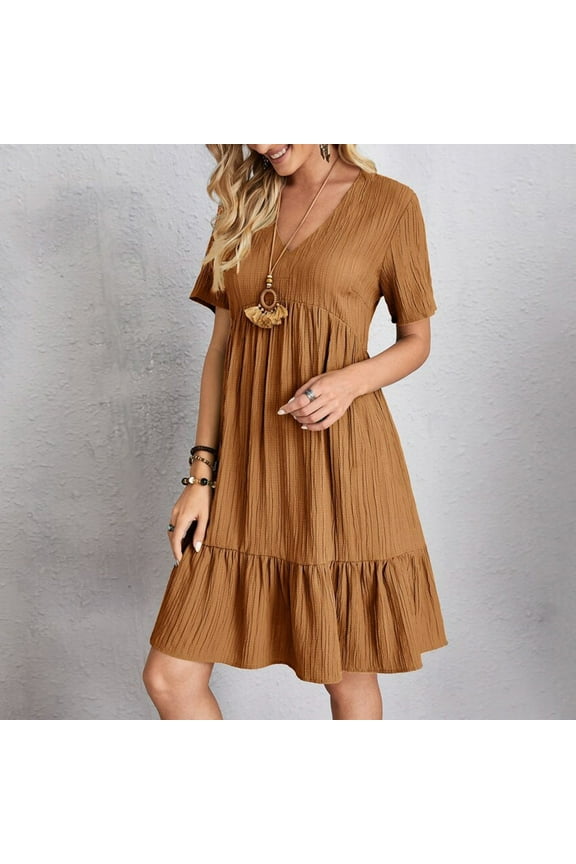 Summer Dresses,Casual Dresses Women Casual Fashion Solid Color V Neck Short Sleeve Shirt Dress Petite Dresses,Modest Dresses,Womens Dresses Brown Dress L