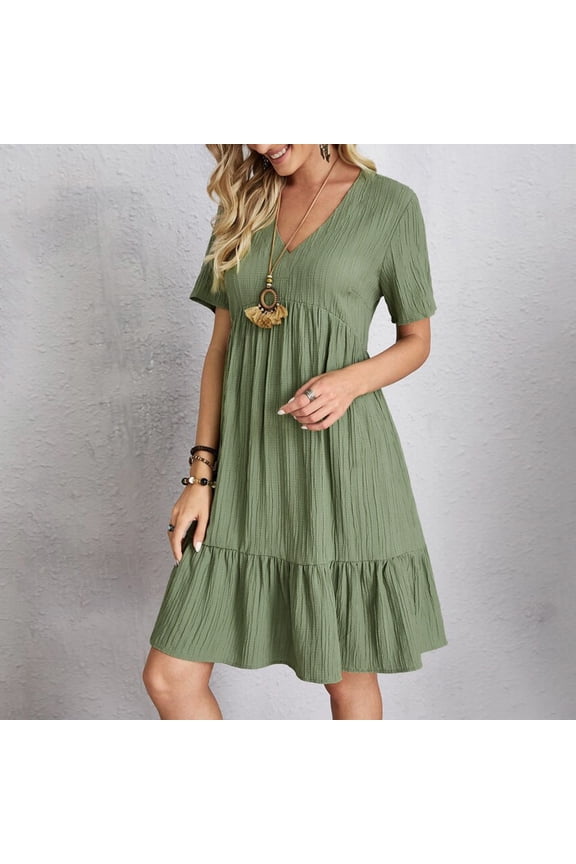 Summer Dresses,Casual Dresses Women Casual Fashion Solid Color V Neck Short Sleeve Shirt Dress Petite Dresses,Modest Dresses,Womens Dresses Green Dress XL