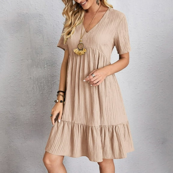 IDALL Summer Dresses,Casual Dresses Women Casual Fashion Solid Color V Neck Short Sleeve Shirt Dress Petite Dresses,Modest Dresses,Womens Dresses Pink Dress S