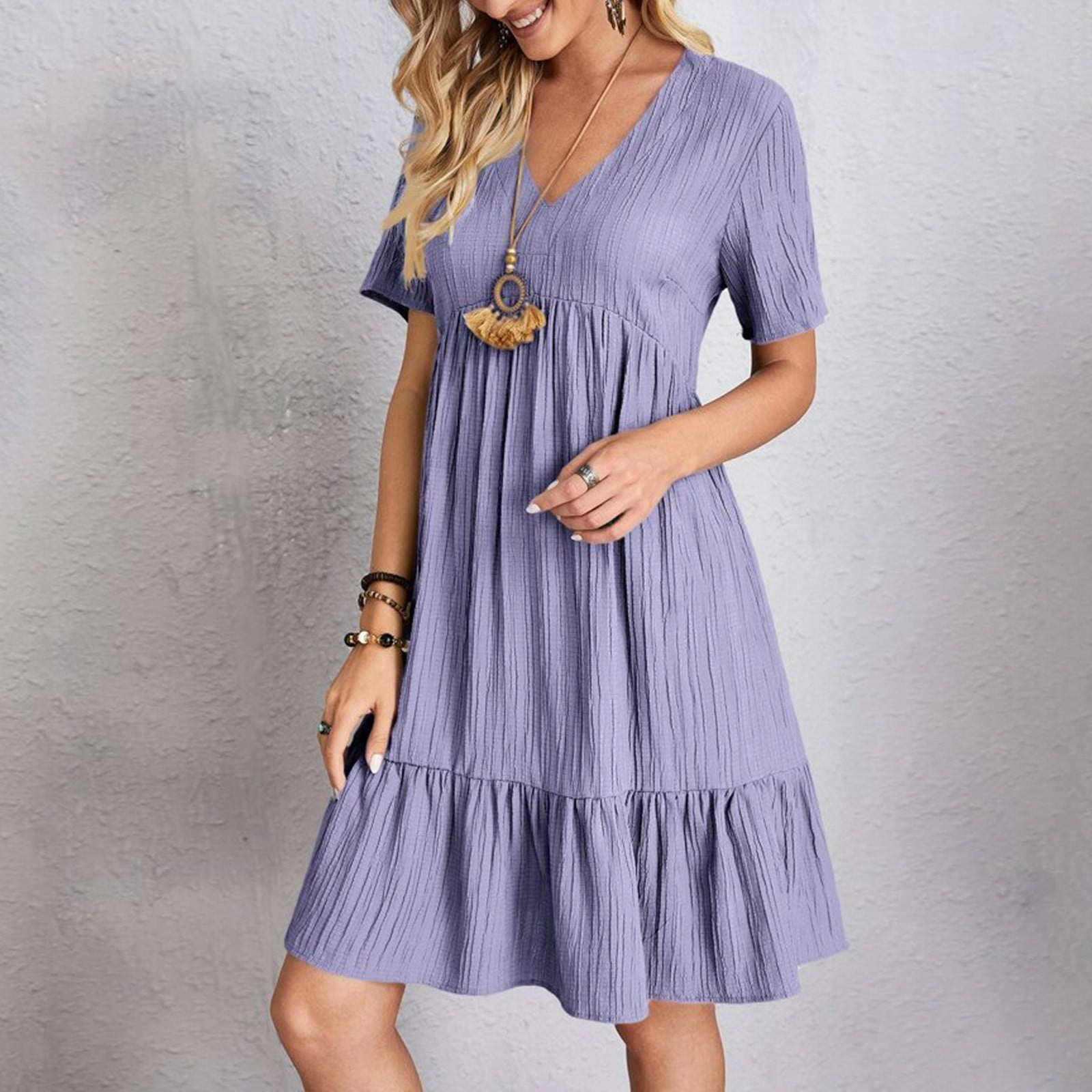 IDALL Summer Dresses,Casual Dresses Women Casual Fashion Solid Color V Neck  Short Sleeve Shirt Dress Petite Dresses,Modest Dresses,Womens Dresses  Purple Dress L - Walmart.com