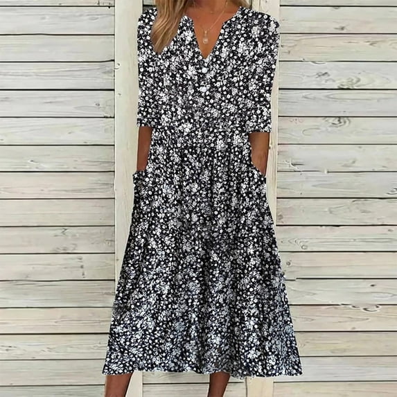IDALL Summer Dresses,Casual Dresses Women Casual Summer Stripe Short Sleeves Pocket Long Dress Holiday Dress Floral Sundress Midi Dress Petite Dresses,Hawaiian Dresses,Modest Dresses Black Dress S