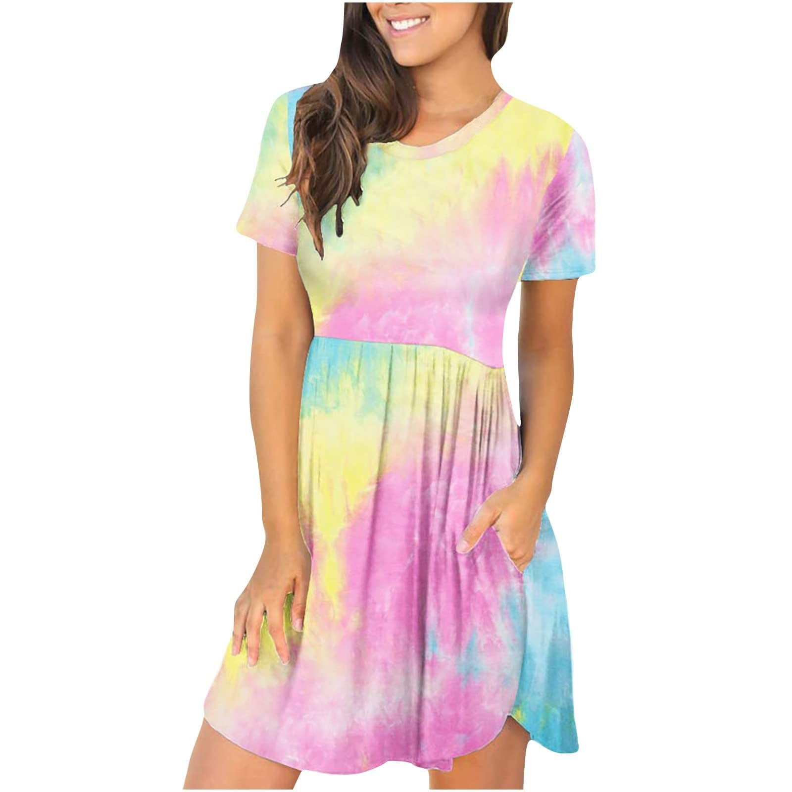 Women's Summer Dress – Casual Loose T-Shirt Dress With Floral Tie-Dye, Short Sleeve & Pockets | Beach Sundress, Boho Flowy Dress In Medium - View #4