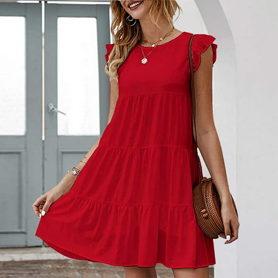 IDALL Summer Dresses,Casual Dresses Women'S Solid Color Round Neck Short Sleeve Casual Cake Dress Pleated Swing Skirt Flowy Dresses,Petite Dresses,Fit And Flare Dress Red Dress L