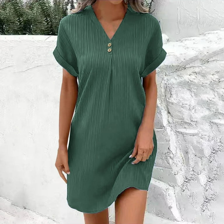 IDALL Summer Dresses,Casual Dresses Women's Spring And Autumn V Neck Solid  Color Pullover Casual Button Dress Petite Dresses,Modest Dresses,Womens Dresses  Green Dress M - Walmart.com