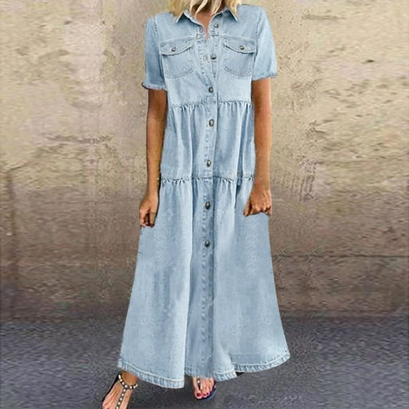 IDALL Summer Dresses,Denim Dress Women's Fashion Casual Multi-button Denim Skirt Multi-pocket Denim Skirt Petite Dresses,Modest Dresses,Womens Dresses Light Blue Dress L