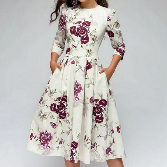 IDALL Summer Dresses,Floral Dress Party Aline Vintage Women Elegent Dress Vestidos Printing Women's Dress Petite Dresses,Modest Dresses,Womens Dresses White Dress S