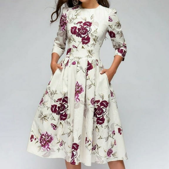 IDALL Summer Dresses,Floral Dress Party Aline Vintage Women Elegent Dress Vestidos Printing Women's Dress Petite Dresses,Modest Dresses,Womens Dresses White Dress L