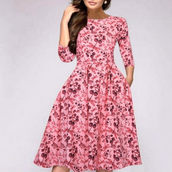 IDALL Summer Dresses,Floral Dress Party Aline Vintage Women Elegent Dress Vestidos Printing Women's Dress Petite Dresses,Modest Dresses,Womens Dresses Pink Dress S