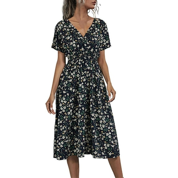 IDALL Summer Dresses,Floral Dress Summer Small Floral Print Short Sleeved Dresses For Women Petite Dresses,Hawaiian Dresses,Modest Dresses Black Dress L