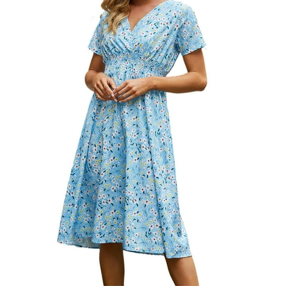 IDALL Summer Dresses,Floral Dress Summer Small Floral Print Short Sleeved Dresses For Women Petite Dresses,Hawaiian Dresses,Modest Dresses Blue 2 Dress L