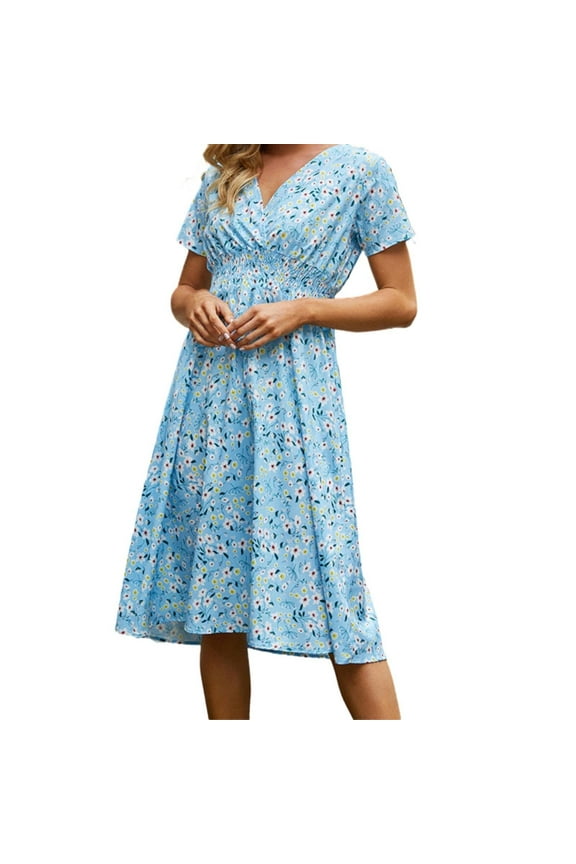 Summer Dresses,Floral Dress Summer Small Floral Print Short Sleeved Dresses For Women Petite Dresses,Hawaiian Dresses,Modest Dresses Blue 2 Dress L