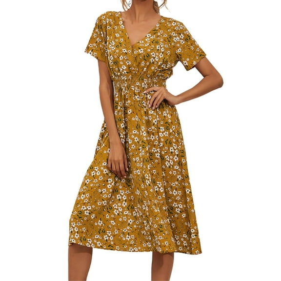 IDALL Summer Dresses,Floral Dress Summer Small Floral Print Short Sleeved Dresses For Women Petite Dresses,Hawaiian Dresses,Modest Dresses Yellow Dress XL