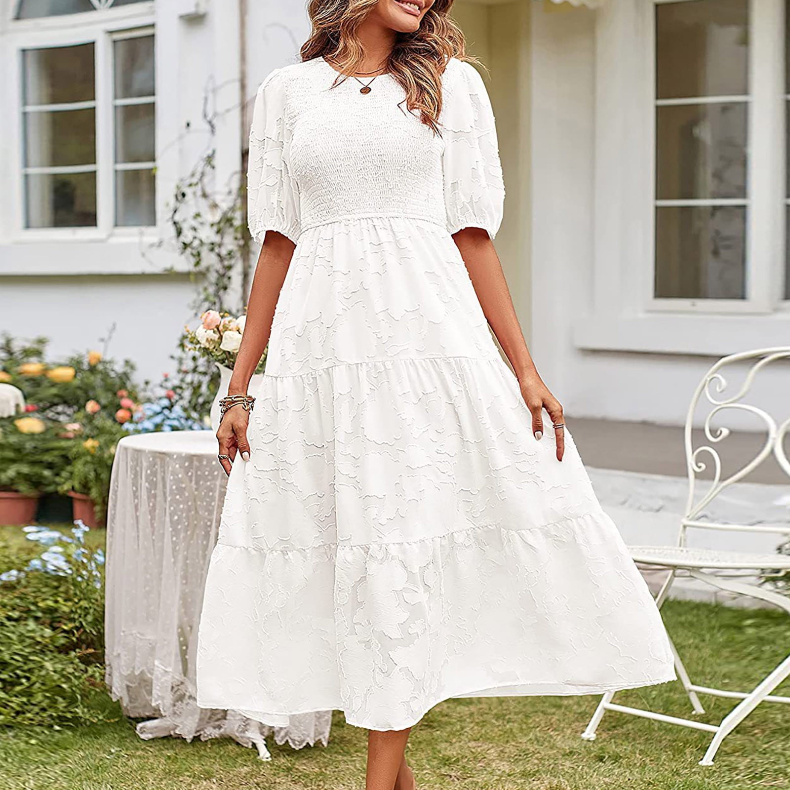 IDALL Summer Dresses,Maxi Dresses 2023 Summer Women's Round Neck Pleated  Puff Sleeve Layered Floral Dress Long Dresses,Modest Dresses,Womens Dresses  White Dress L - Walmart.com