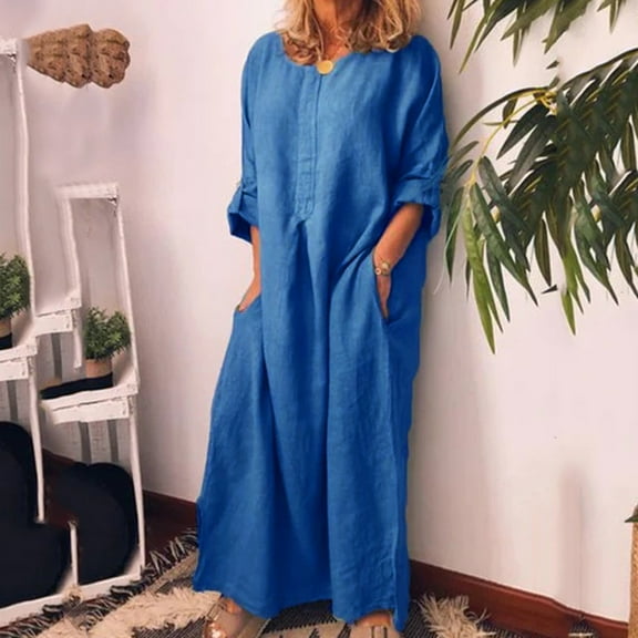 IDALL Summer Dresses,Maxi Dresses Women Casual Long Sleeve Solid O-Neck Summer Cotton Maxi Dress With Pockets Long Dresses,Linen Dress,Modest Dresses Blue Dress XL