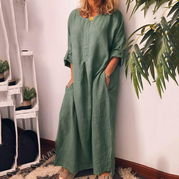 IDALL Summer Dresses,Maxi Dresses Women Casual Long Sleeve Solid O-Neck Summer Cotton Maxi Dress With Pockets Long Dresses,Linen Dress,Modest Dresses Gray Dress 3XL