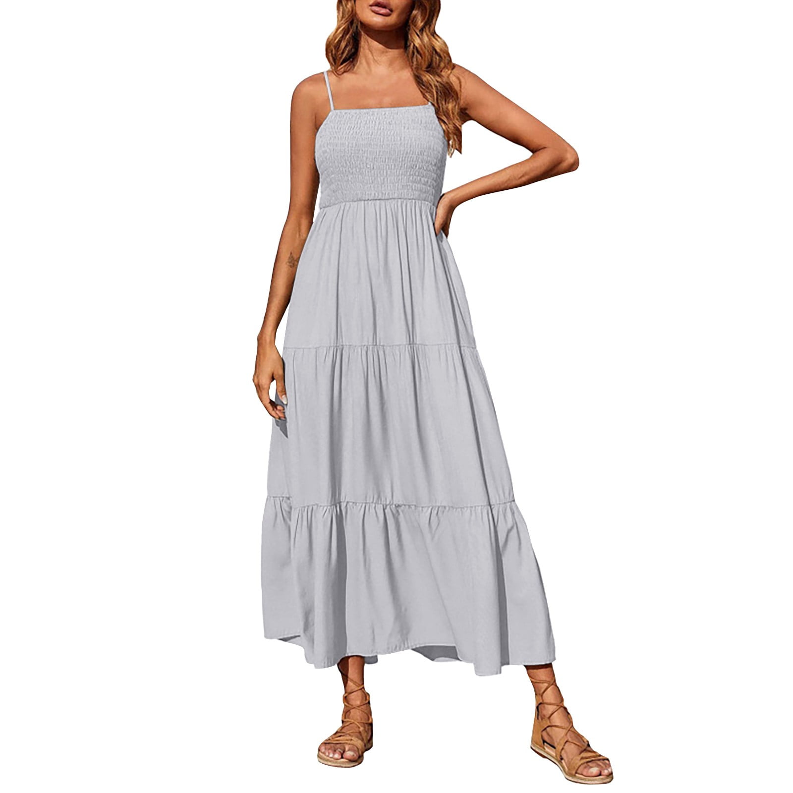 Handyulong Women's Sleeveless Boho Maxi Dress - V-Neck, Flowy Summer Beach Dress, Blue, Large