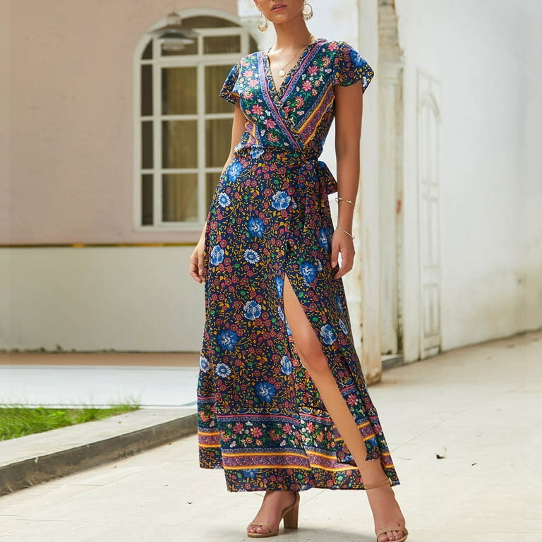 IDALL Summer Dresses Maxi Dresses Women Floral Sexy Backless Evening Party Beach Long Maxi Dresses Boho Sundress Boho Dresses Long Dresses Hawaiian Dresses Black Dress XL Walmart