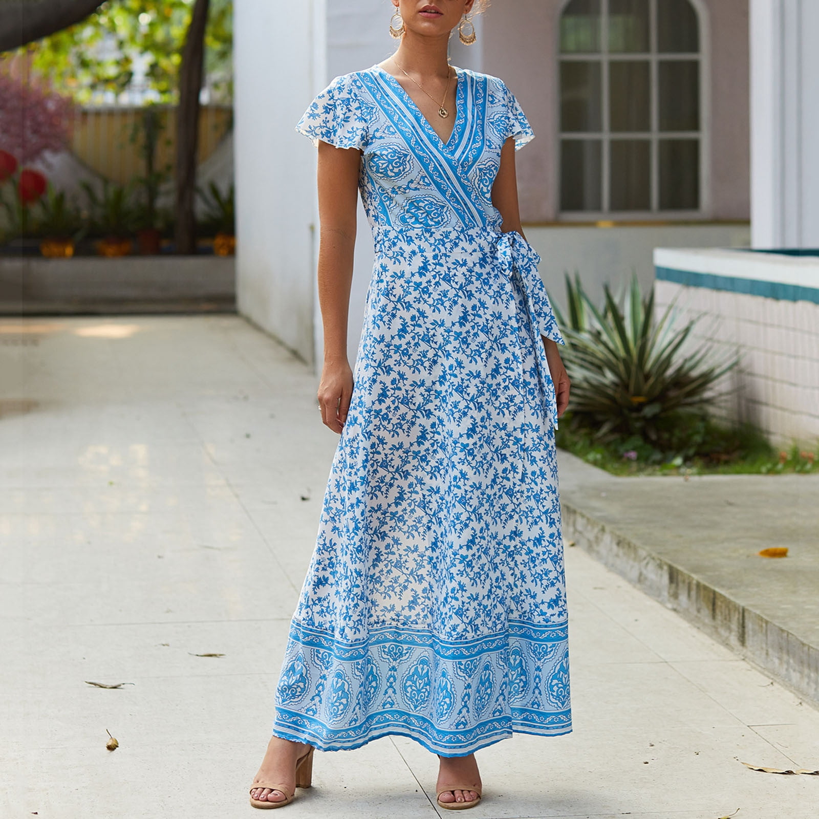 Handyulong Women's Sleeveless Boho Maxi Dress - V-Neck, Flowy Summer Beach Dress, Blue, Large