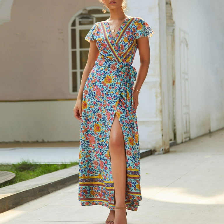 IDALL Summer Dresses Maxi Dresses Women Floral Sexy Backless Evening Party Beach Long Maxi Dresses Boho Sundress Boho Dresses Long Dresses Hawaiian