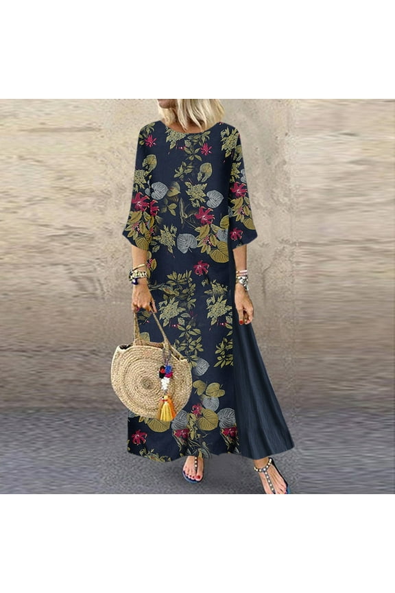 Summer Dresses,Maxi Dresses Women Vintage Print Floral Patch Dress 3/4 Sleeve O-Neck Loose Maxi Dress Long Dresses,Linen Dress,Hawaiian Dresses Navy Dress XL