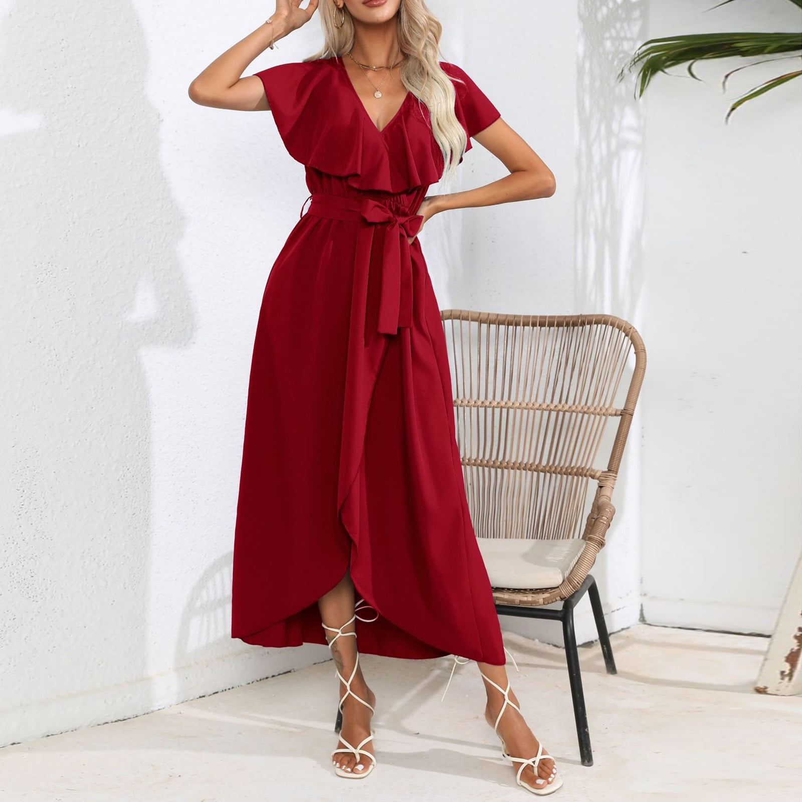 IDALL Summer Dresses,Maxi Dresses Women's Summer Casual Ruffle Wrap ...