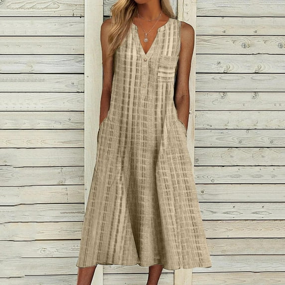 IDALL Summer Dresses,Maxi Dresses Womens Fashion Gradient Print V Neck Sleeveless Splice Loose Dress Holiday Dress Sundresses for Women,Casual Dresses,Beach Dress Khaki Dress 2XL